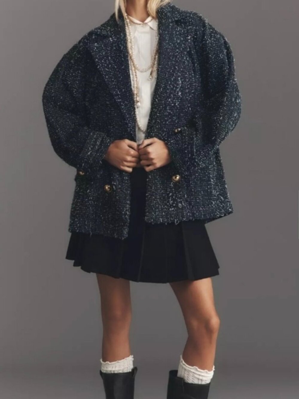 Mauve for Anthropologie Navy and White Tweed Double-Breasted Denim Blazer NWT!